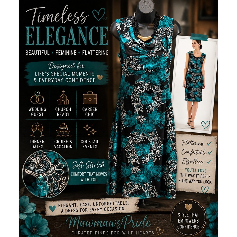 Connected Apparel Teal Black Floral Cowl Neck Ruched Sheath Dress Womens 12
